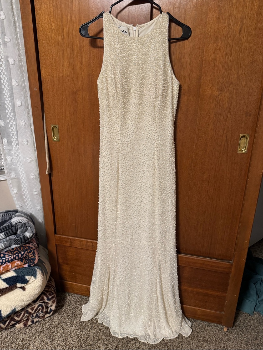 Sean Collection vintage faux pearl Beaded Floor-Length Wedding Gown/prom dress
